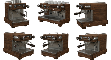 Vintage espresso coffee machine with wooden panels and white cups, isolated on white background, perfect for coffee shop branding and cafe presentations