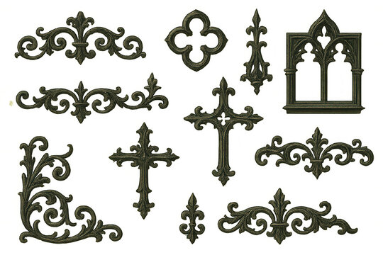 Gothic decorative cast iron elements with vintage crosses, fleur-de-lis, and frames, offering antique architectural details