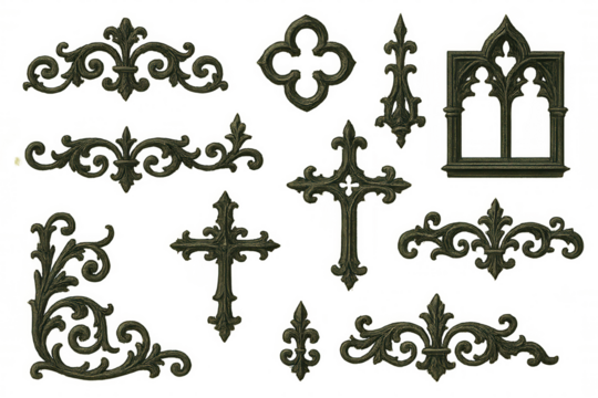 Gothic decorative cast iron elements with vintage crosses, fleur-de-lis, and frames, offering antique architectural details