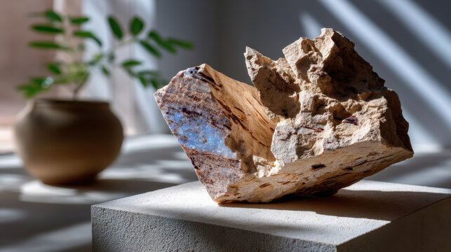 The stone's striking angular shape and rich colors create a dramatic focal point, beautifully highlighted by the contrasting soft light and shadows in the artwork.