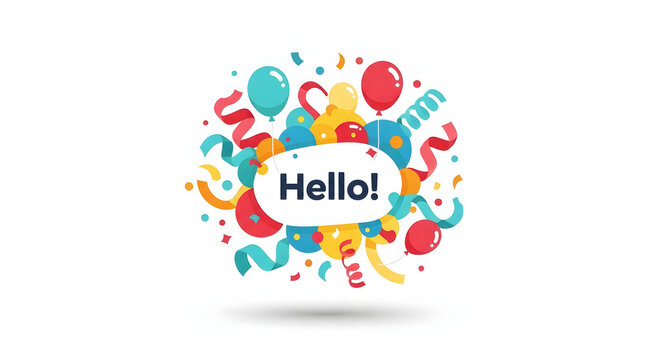 Vibrant 'Hello!' message encompassed by a lively explosion of colorful balloons, sparkling confetti, and festive streamers, perfect for welcoming, parties, and joyful celebrations