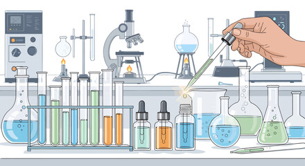 Skincare laboratory scene with test tubes, serums, and pipettes, representing research and innovation