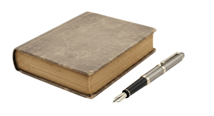 Vintage leather-bound book with fountain pen on white background, perfect for education or writing themes