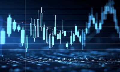 Abstract digital financial stock market candlestick chart with glowing blue grid lines and bokeh background representing trading data analysis and economic trends - Powered by Adobe