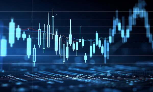 Abstract digital financial stock market candlestick chart with glowing blue grid lines and bokeh background representing trading data analysis and economic trends - Powered by Adobe