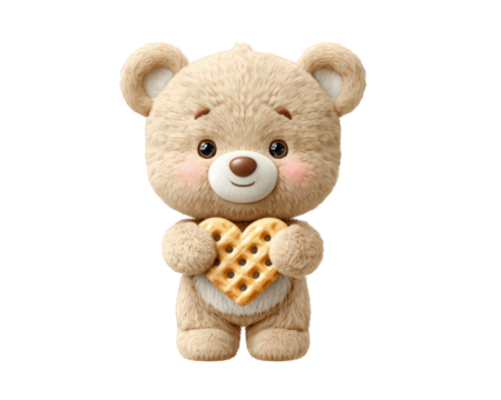 Adorable and sweet teddy bear illustration holding love heart shaped waffle. This cute, happy cartoon character design great for valentine or romantic celebration