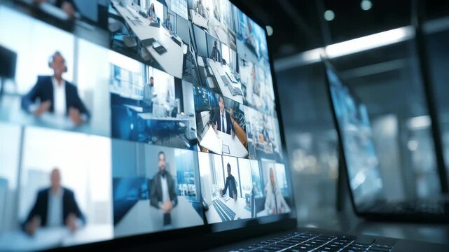 Modern business professionals participate in a virtual video conference meeting, collaborating remotely from various office environments. Digital teamwork and online communication are emphasized