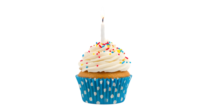 Vanilla Cupcake with Sprinkles and Candle on White Background