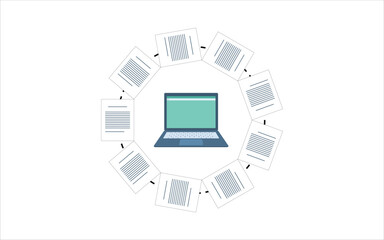 Digital document sharing concept. a laptop connected to multiple files through a circular data network. file synchronization and online document management. Illustration vector file. high high quality