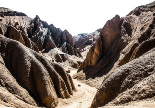 Arid canyon landscape with dark sky rock formations isolated on a transparent background
