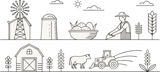 &ldquo;a set of minimalist line-art farm and agriculture icons, including windmill, farmer with shovel, rice bowl, corn, irrigation system, sack of seeds, wheat, grain silo, cow, sheep, tractor, barn, pig, 