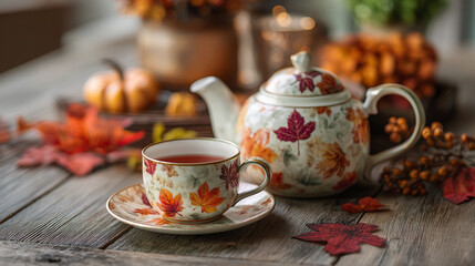 Fototapeta premium A fall tea setting with teapot teacup and autumn leaves on a rustic wooden table surface decor