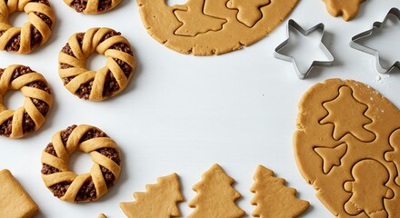 Cookies and cookie cutters on white surface for culinary concept