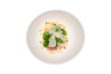 Top-down transparent PNG of creamy fettuccine alfredo on a white plate, ideal for menu and culinary designs.