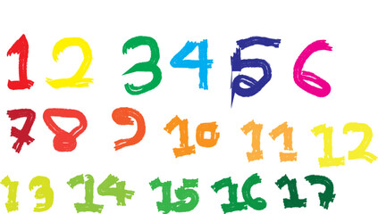 Colorful handwritten numbers from one to seventeen displayed in rows on a white background