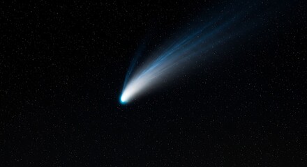 Cosmic comet streaking across the dark night sky with illuminated tail