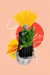 Banner 3d image artwork pop trend collage of happy girl hairdo macaroni cooking dinner peek...