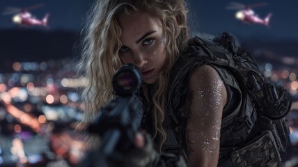 Dramatic scene of young woman covered with glitter with cinematic blockbuster effect