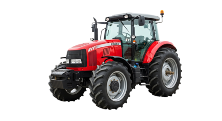 Red Massey Ferguson tractor, with large tires and cab, isolated on white or transparent background. PNG