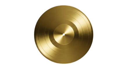 Shiny golden vinyl record, with concentric grooves and center hole, isolated on white or transparent background. PNG