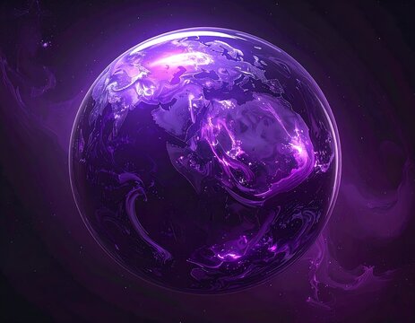Digitally created glowing planet with purple clouds in a starry space - Powered by Adobe