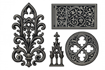 Gothic architectural ornaments vector collection, vintage medieval tracery decorative filigree elements on transparent background