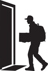 Delivery Person Silhouette with Box Entering Door Courier Distribution Service Graphic