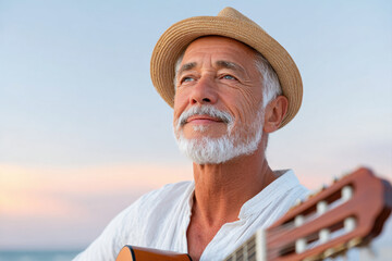 Older man playing guitar with straw hat and white beard looking happy outdoors at sunset