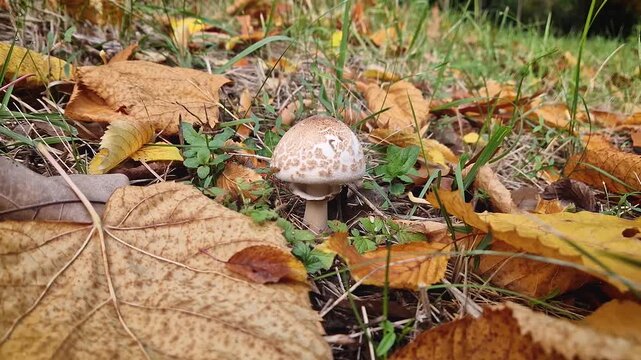 Small parasol mushroom growing on the forest ground, covered with fallen autumn leaves