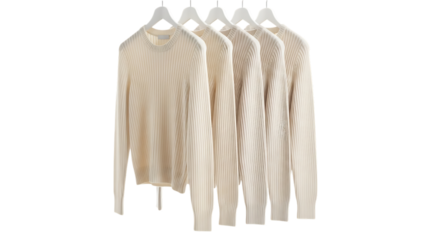 Five cream ribbed crew neck sweaters, hanging on white hangers, isolated on white or transparent background. PNG