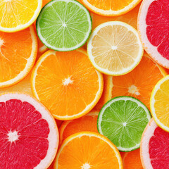 Obraz premium Vibrant pattern of colorful citrus slices including orange, lemon, lime, and grapefruit creating fresh and lively composition