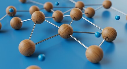 Abstract wooden sphere network illustration against a vibrant blue background