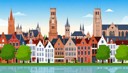 Fototapeta premium A vibrant cartoon cityscape depicting European buildings with pointed roofs, towers, and a river, framed by trees