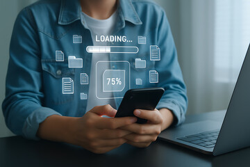 Digital data transfer concept with glowing loading progress bar on smartphone screen representing file upload and download