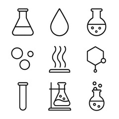 Minimalist laboratory icons featuring flasks and chemical symbols