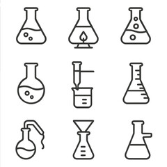 Laboratory equipment icons: beakers, flasks, and test tubes on gray background
