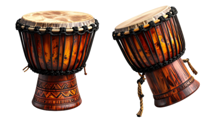 African Drum Collection – Two Handcrafted Djembe Styles Isolated on White Background