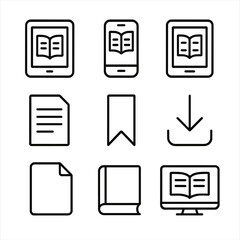 Digital reading icons set: devices, downloads, and bookmark symbols