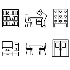 Minimalist library furniture icons: shelves, desk, lamp, and filing cabinets