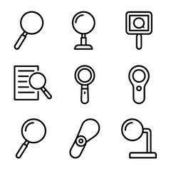 Variety of black magnifying glass icons on gray background
