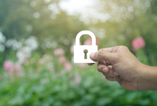 Hand holding padlock flat icon in fingers over blur pink flower and tree in park, Technology internet security and safety online concept