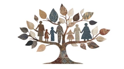 A conceptual image of a family tree with leaves made of diverse human faces symbolizing unity on white background