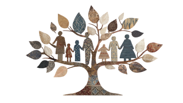 A conceptual image of a family tree with leaves made of diverse human faces symbolizing unity on white background
