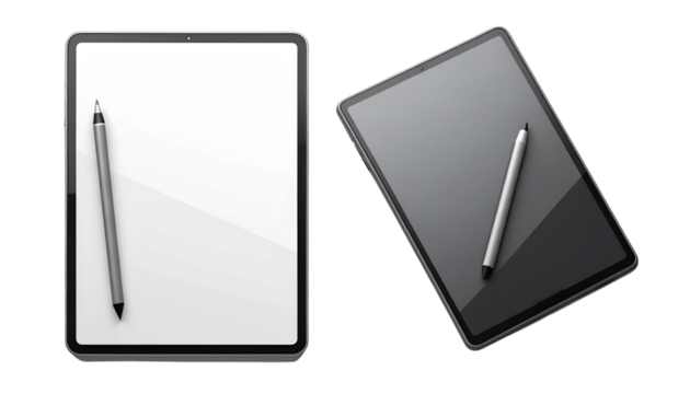 Digital Device Collection – Two Tablet and Stylus Styles Isolated on White Background