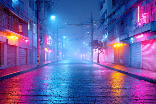 Neon lit urban street at night with wet cobblestone pavement and colorful reflections creating moody cyberpunk atmosphere - Powered by Adobe