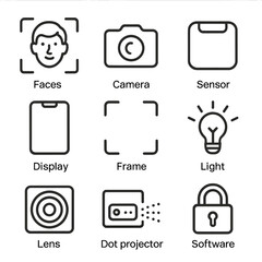 Technology icons: camera, sensor, display, frame, lens, light, software