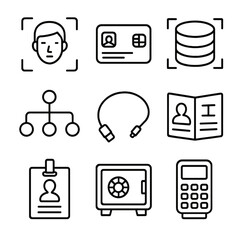 Digital icons: security, database, identification, safe, and network symbols