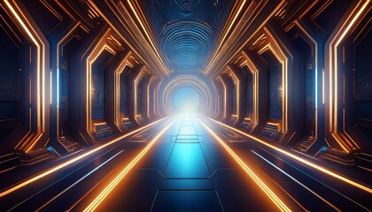 futuristic hallway portal symetrical with beams until it dead ends into a wall