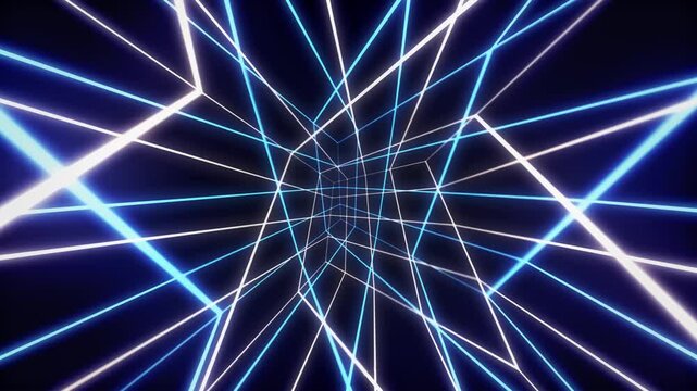 Abstract futuristic, neon grid cube background, featuring glowing blue and white neon laser lines creating a geometric pattern. 3D Graphics video loop, ideal as a music stage backdrop