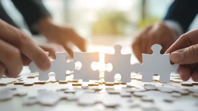 Business professionals collaborate by connecting puzzle pieces on a table, symbolizing teamwork and strategic partnership. Hands join efforts to solve challenges together